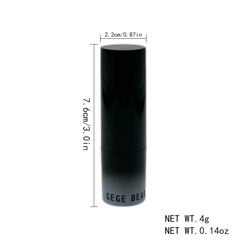 Black lipstick with measurements and weight details on a white background