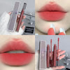 Collage of a lip product with close-ups of lips wearing the color, and the product packaging.