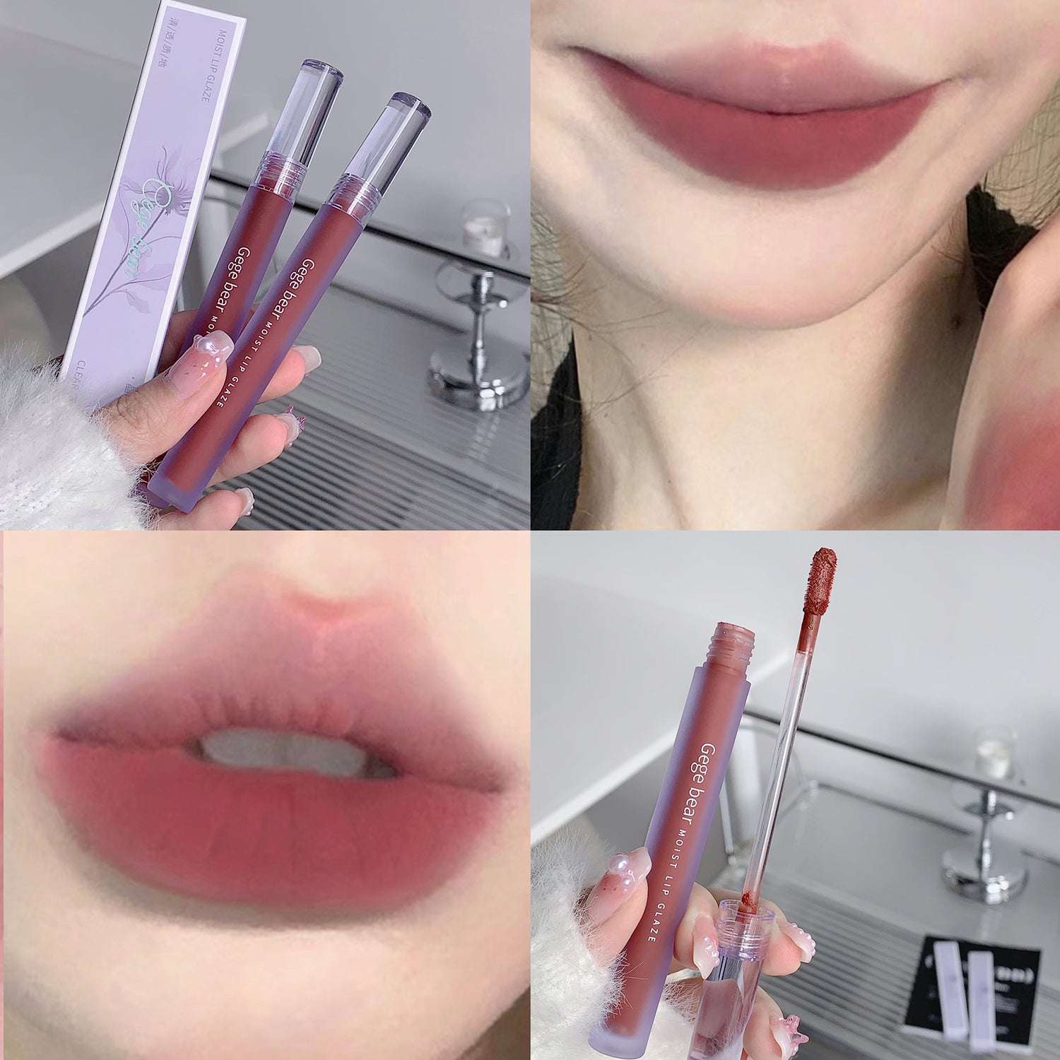Collage of a lip gloss product with close-ups of lips wearing the color.