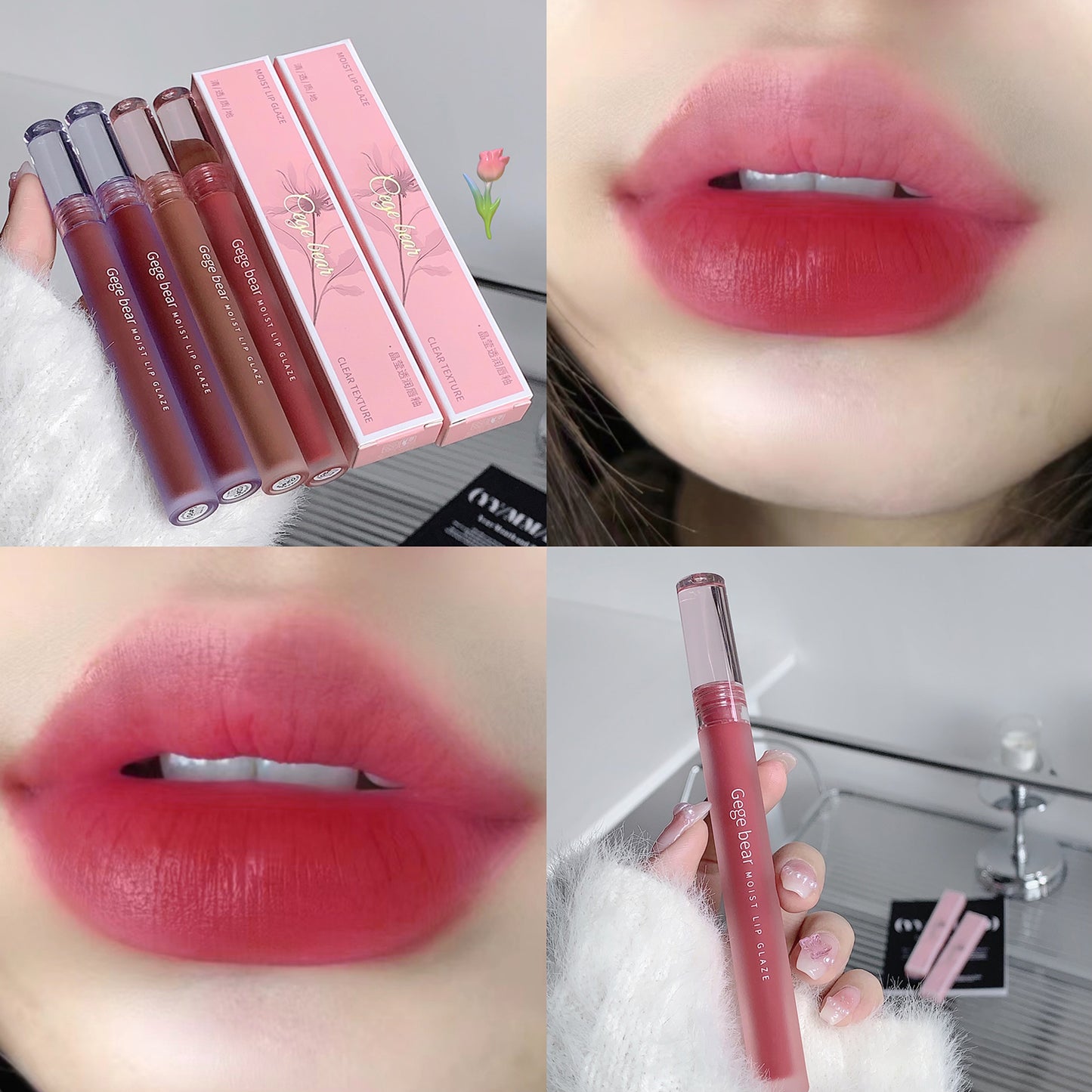 Collage of lip gloss products including lipsticks and a lip gloss, with close-ups of lips wearing the product.