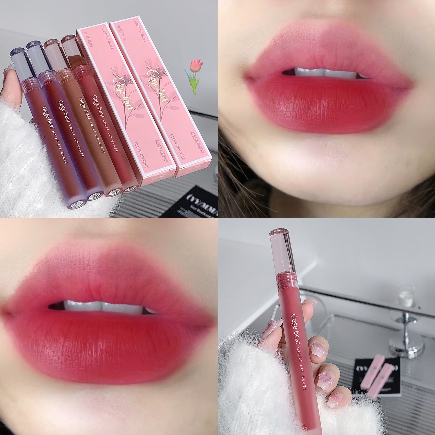 Collage of lip gloss products including lipsticks and a lip gloss, with close-ups of lips wearing the product.
