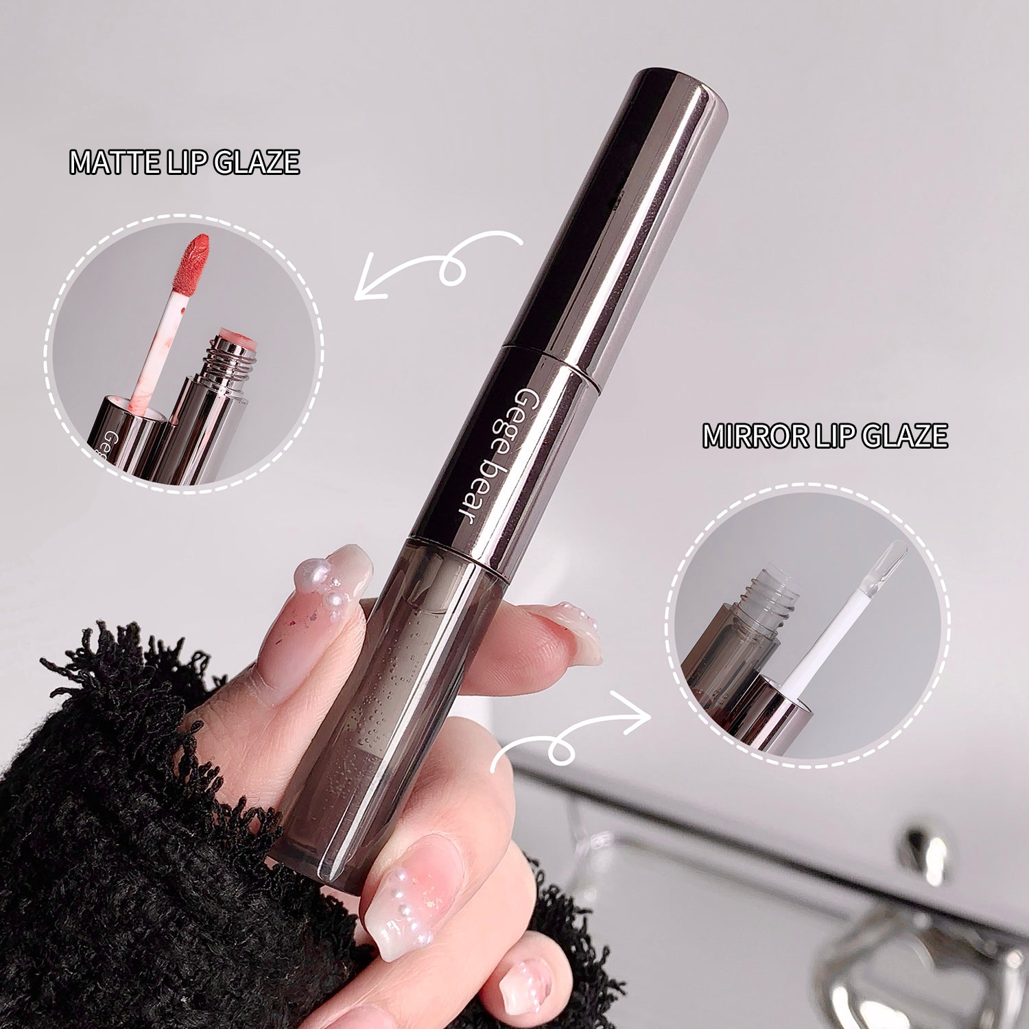 Cigebeau lip gloss held by a hand with close-up insets of matte and mirror finishes.