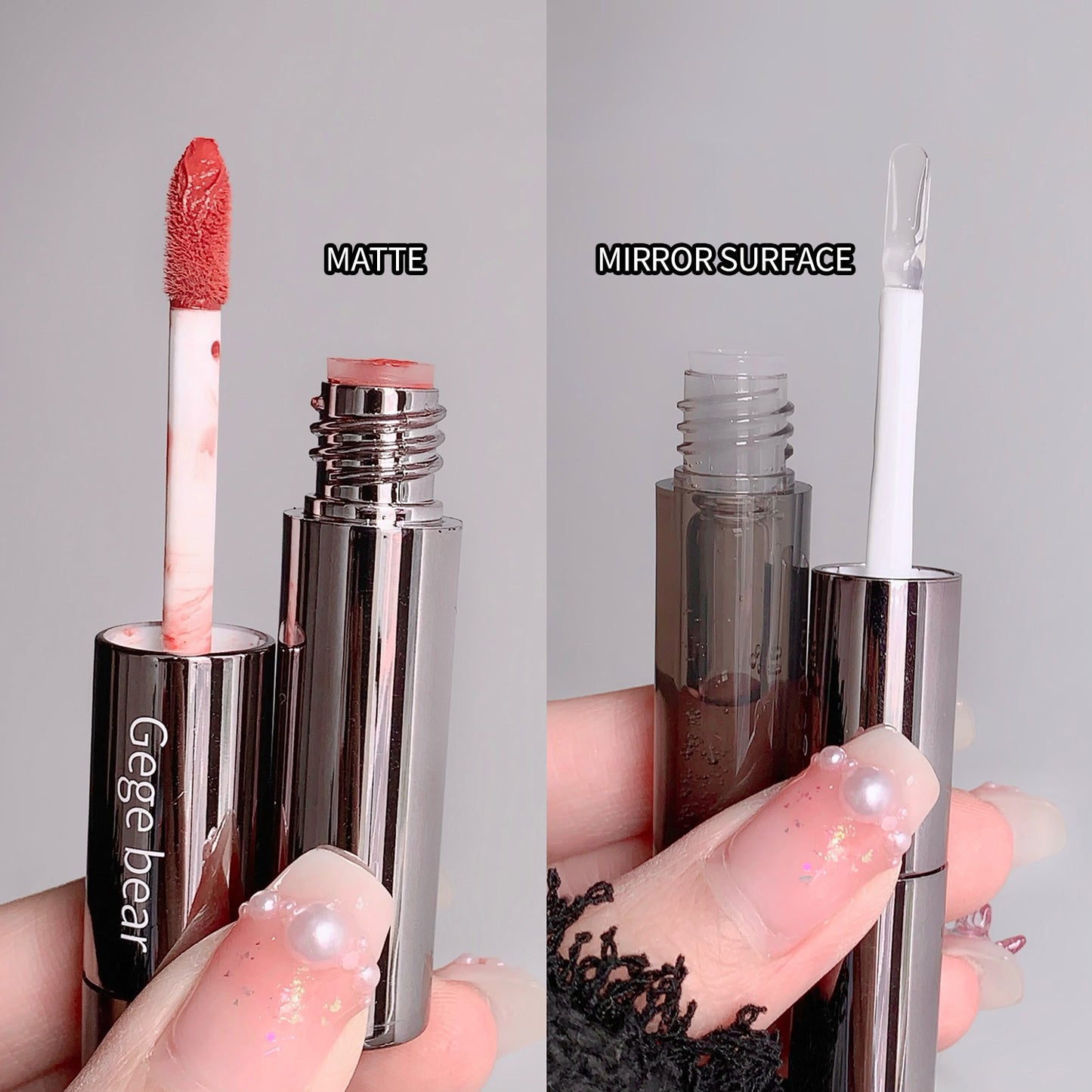 Two lip glosses with 'Gege bear' branding, one matte and one mirror/surface finish, held by a hand.