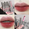 Collage of lip gloss products with close-ups of lips wearing the product.