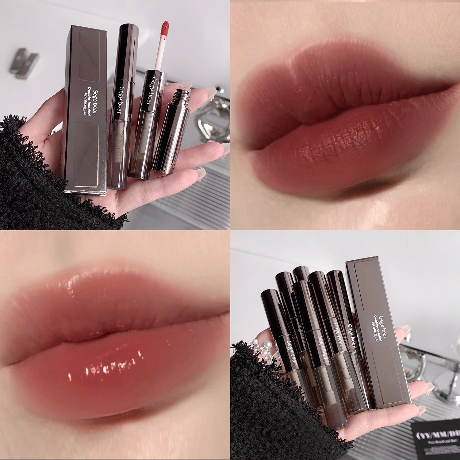 Collage of lip products including lipsticks and lip glosses, with close-ups of lips wearing the products.