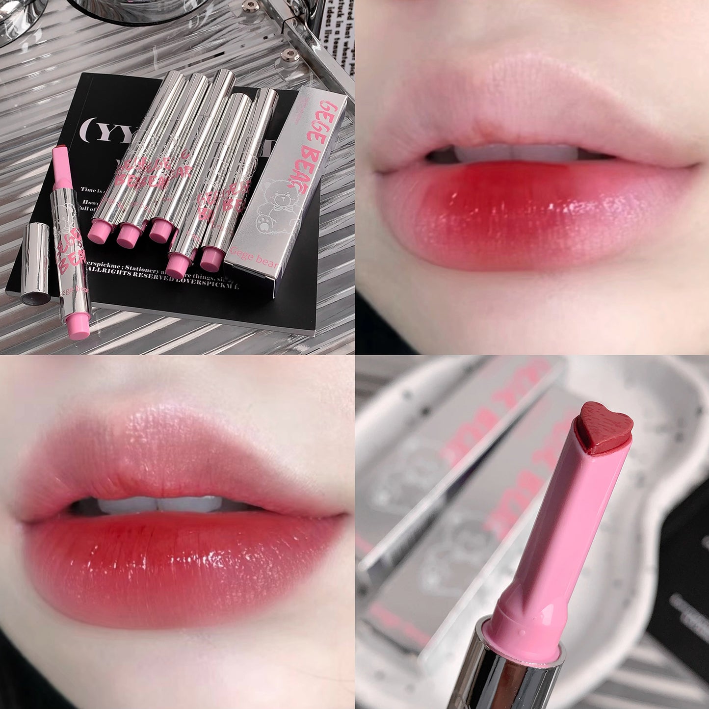 Collage of pink lipsticks with packaging and application on lips.