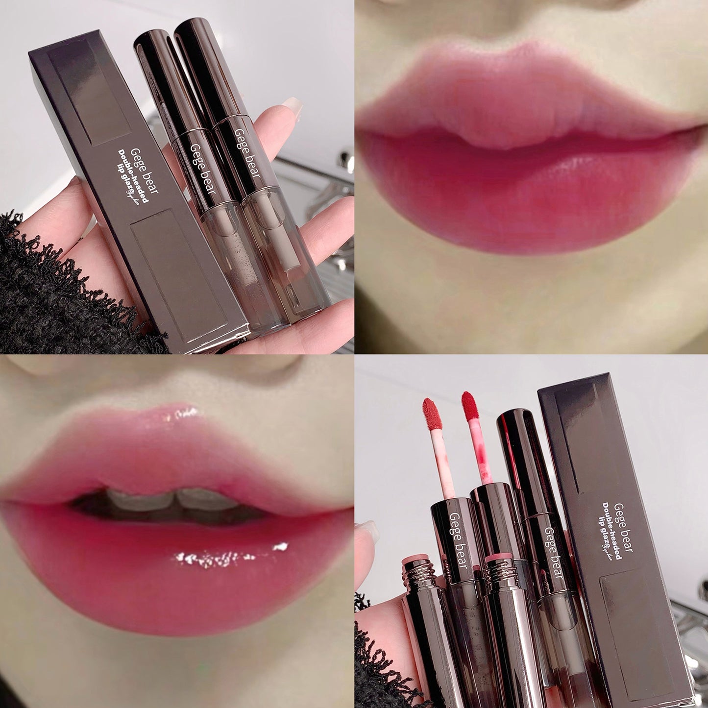 Collage of lip products including a lipstick, lip gloss, and packaging.