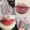 Collage of pink lip gloss with packaging and application on lips.