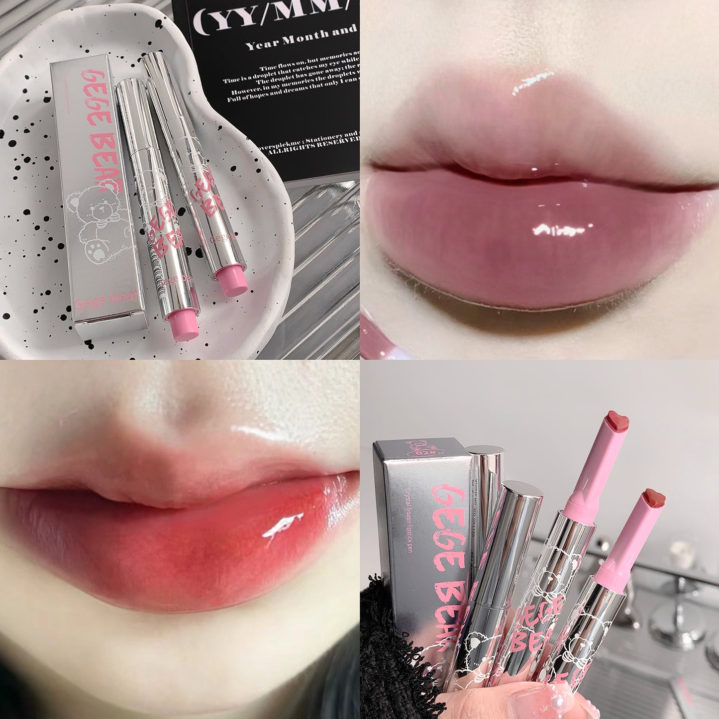 Collage of pink lip gloss with packaging and application on lips.