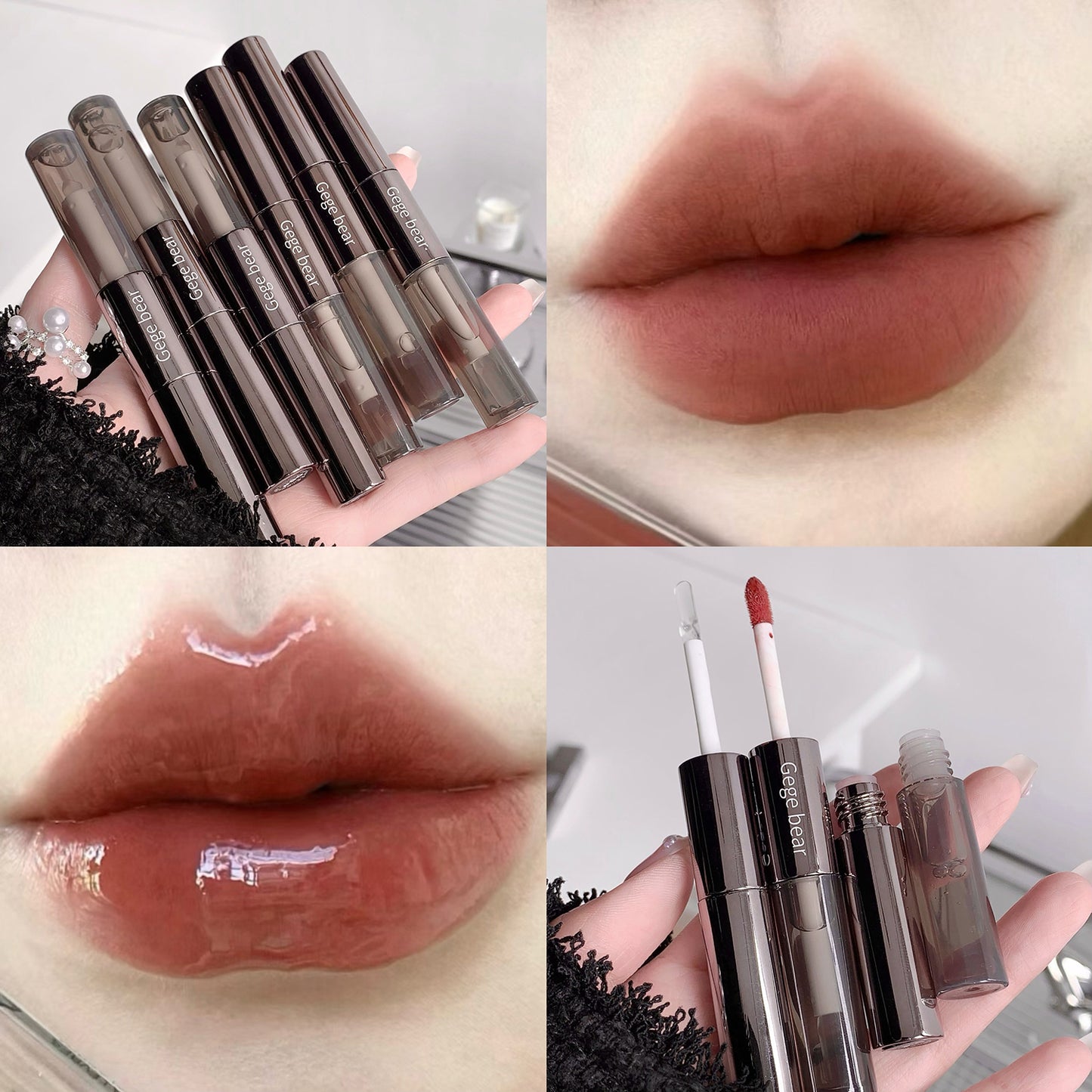 Collage of lip products including lip glosses and lip liners with close-ups of lips.