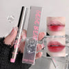 Lipstick with 'Gege Bear' packaging held by a hand, close-up of lipstick on lips, and product packaging.
