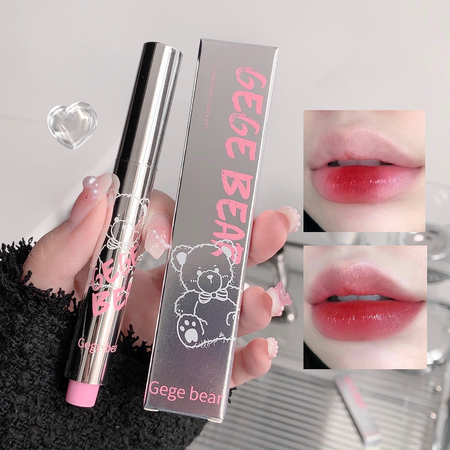 Lipstick with 'Gege Bear' packaging held by a hand, close-up of lipstick on lips, and product packaging.