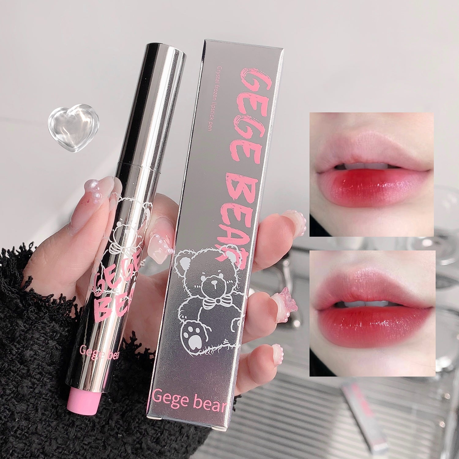 Lipstick with 'Gege Bear' packaging held by a hand, close-up of lipstick on lips, and product packaging.