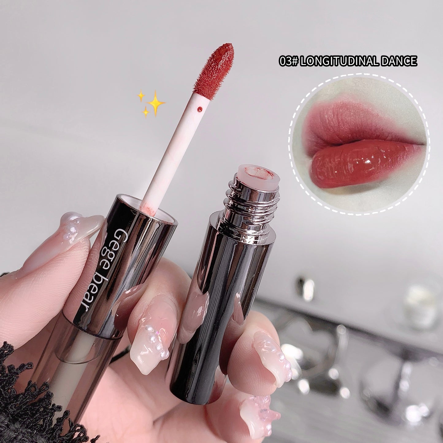 Lipstick with applicator held by a hand, close-up of lips wearing the color, and brand name on a neutral background.