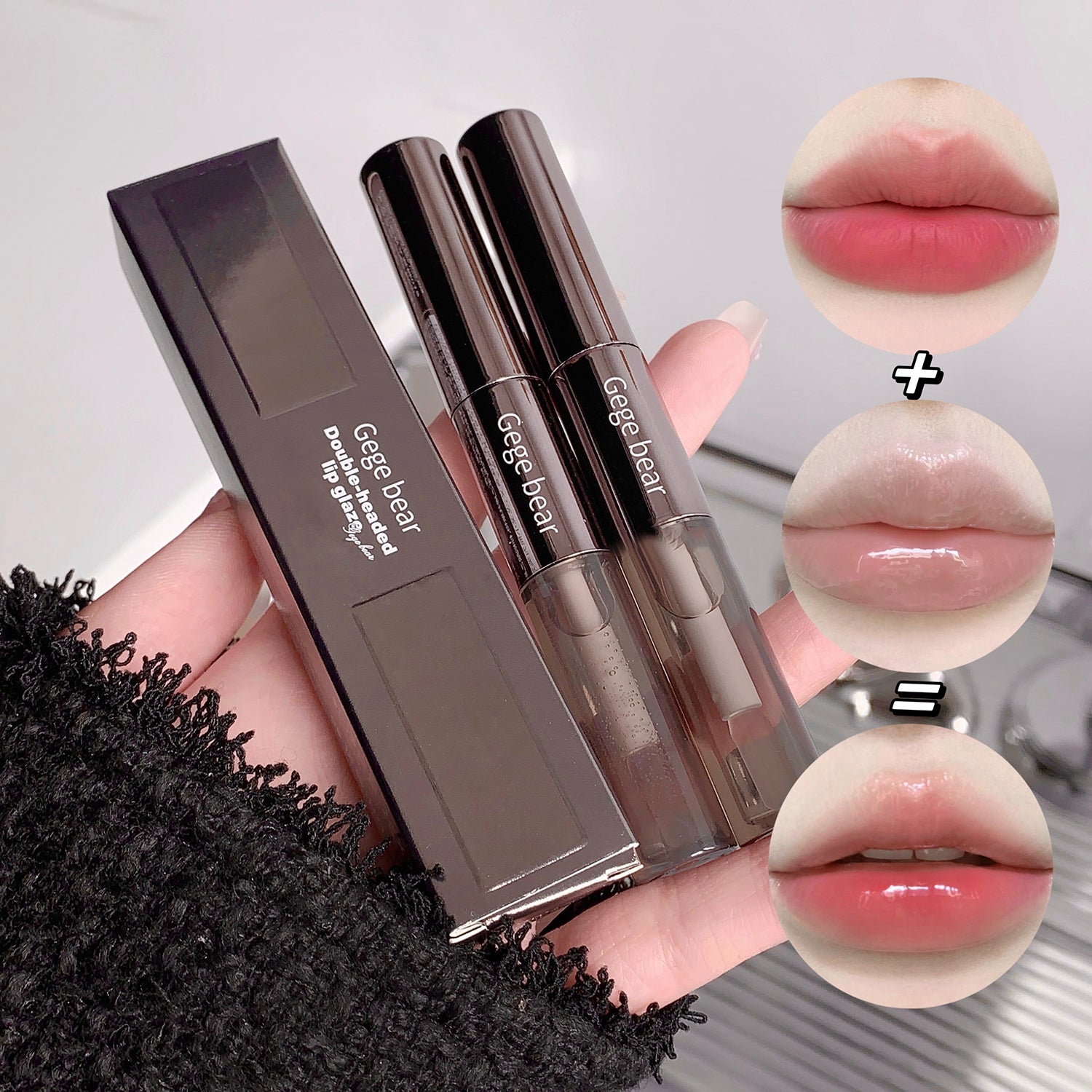 Gege Dear lip gloss with packaging and color swatches on a blurred background