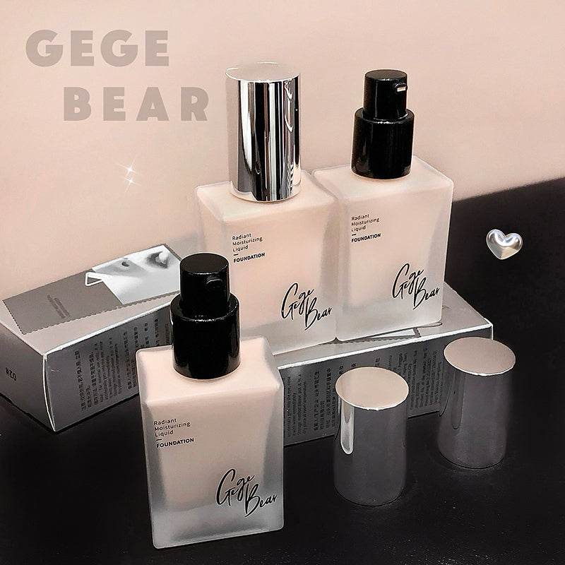 Cosmetic bottles with 'GEGE BEAR' branding on a dark surface.