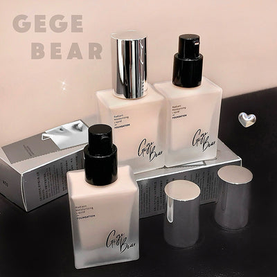 Cosmetic bottles with 'GEGE BEAR' branding on a dark surface.
