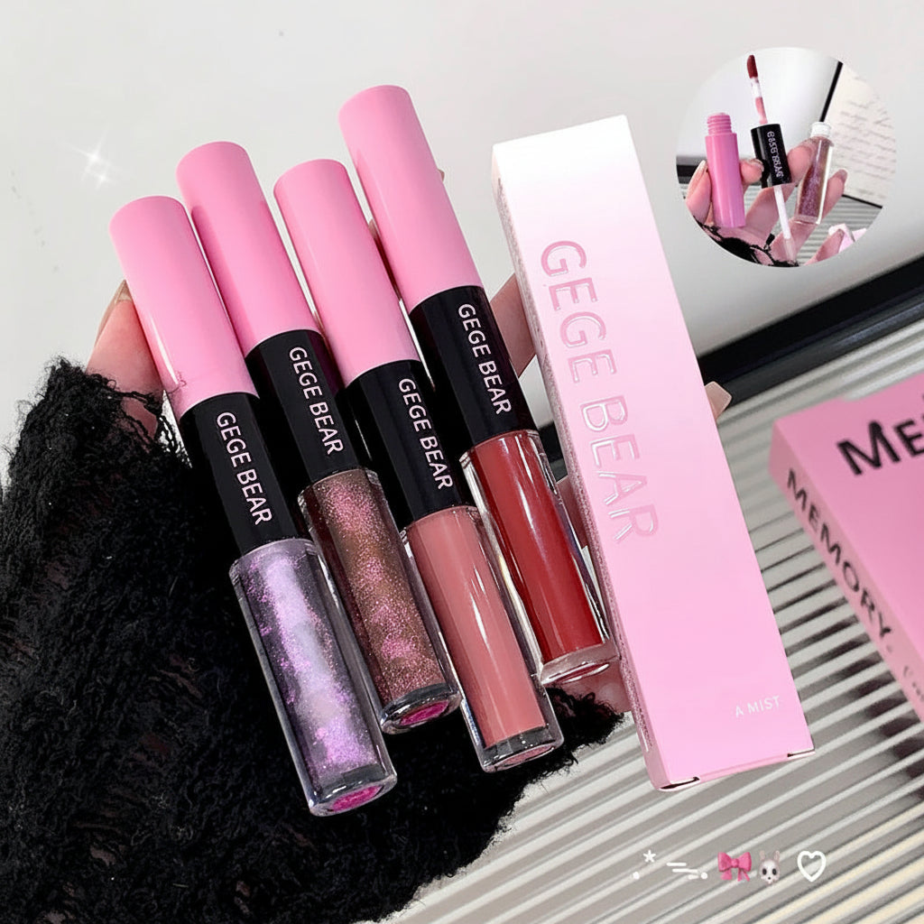 Set of GEGE BEAR lip glosses with packaging on a white background