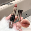 Lipstick being held with a close-up of lips wearing the lipstick, set against a neutral background.