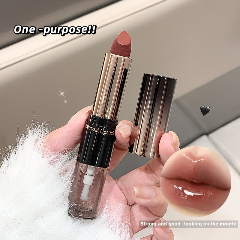 Lipstick being held with a close-up of lips wearing the lipstick, set against a neutral background.