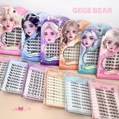 Collection of false eyelash packages with colorful packaging featuring cartoon characters, branded 'GEGE BEAR'.