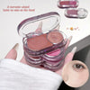 Two-color makeup palette held by a hand with a close-up of an eye wearing the product.