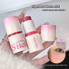 Two Gege Bear blush sticks held by a hand with a blurred face inset.