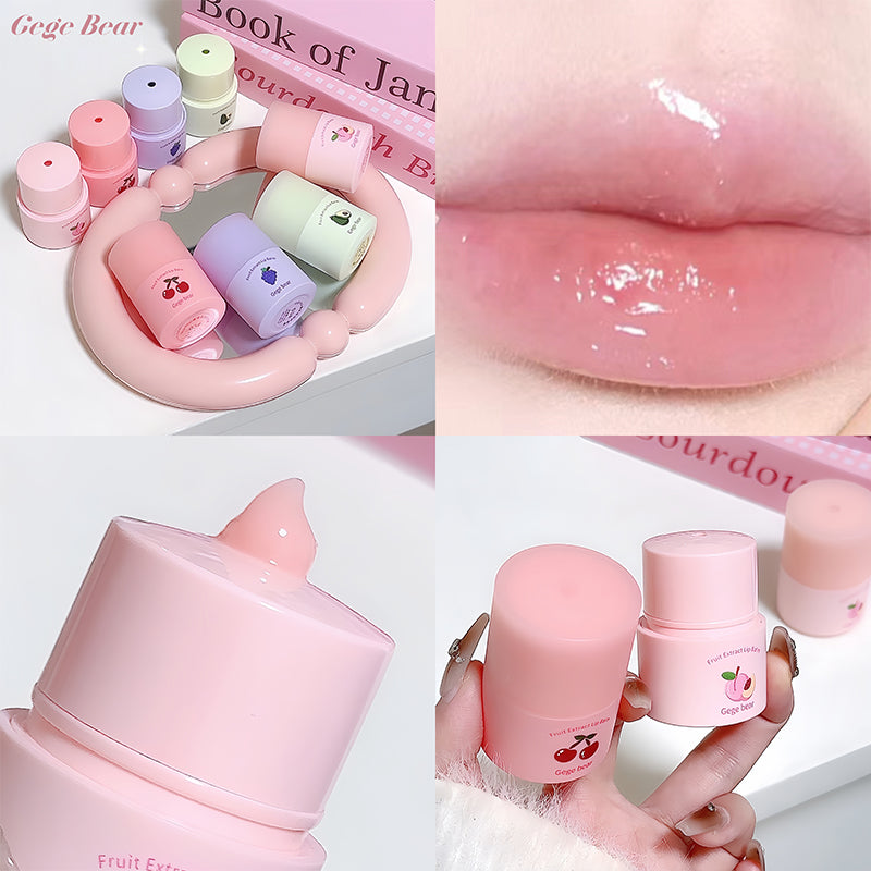 Collage of pink lip balm containers with cherry designs, close-up of lips with balm, and product packaging.
