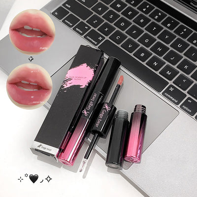 Lipstick and lip gloss on a laptop keyboard with close-up of lips wearing the product.