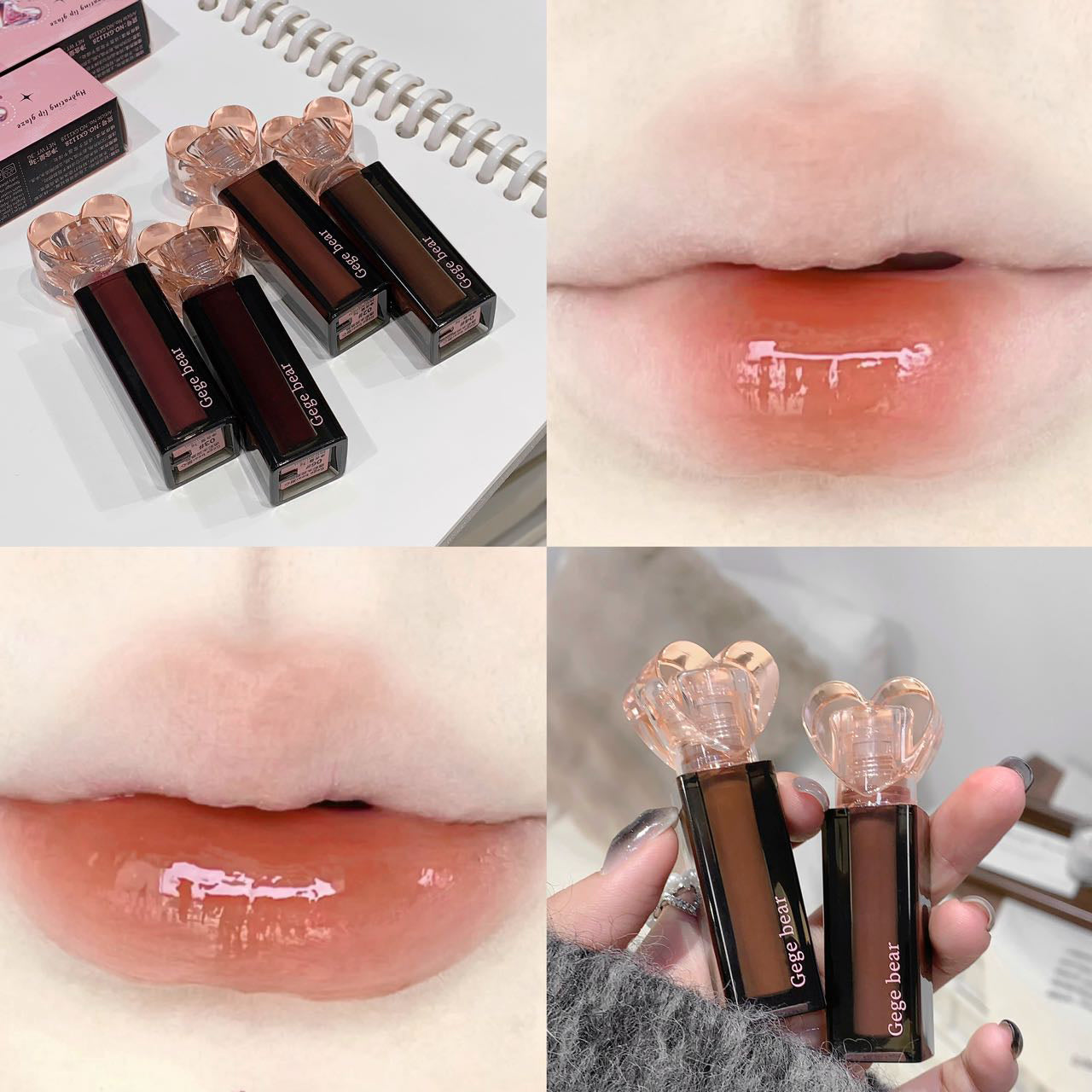 Collage of lip products including lipsticks and lip gloss with close-ups of lips wearing the products.