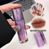 Purple lip balm with 'Gege bear' branding held by a hand, with close-up of lips and additional lip balm shown.