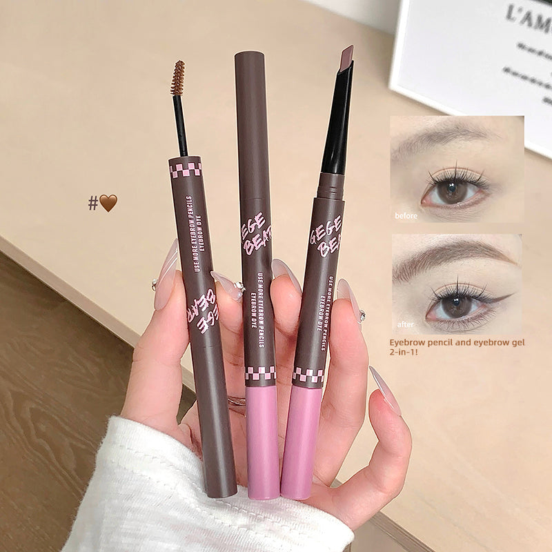 Three eyebrow products held by a hand with an inset of an eye and eyebrows.