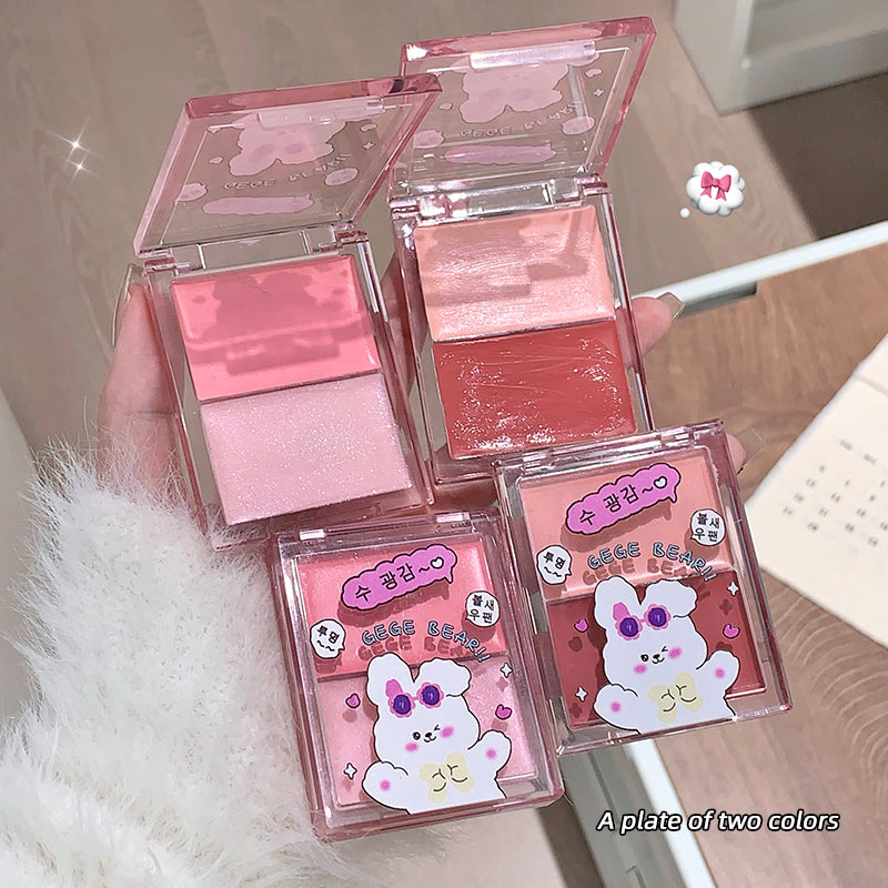 Two pink blushes in open cases with cute packaging on a light background