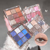 Four eyeshadow palettes with different color schemes held by a hand, with an inset showing a close-up of an eye wearing the makeup.
