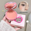 Pink blush compact with open lid and packaging, held by a hand, on a neutral background.