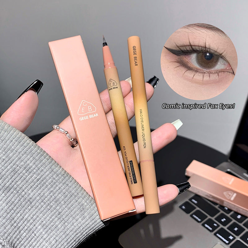 Eyeliner products with a close-up of an eye wearing the product, set against a laptop background.