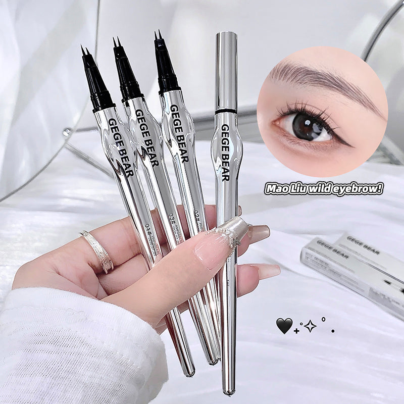 Set of GEGE BEAR eyebrow pencils held by a hand, with an inset showing an eye with well-defined eyebrows.