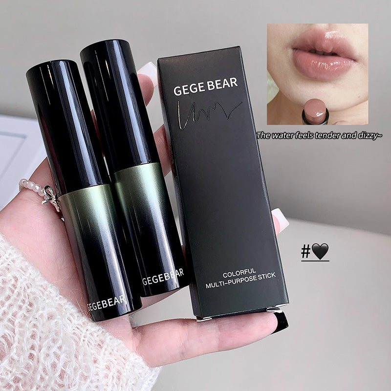 Two black GEGBEAR multi-purpose sticks held in a hand with packaging and a close-up of lips.
