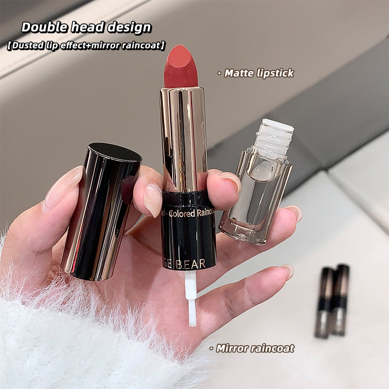 Hand holding a matte lipstick and mirror raincoat with product details on a neutral background