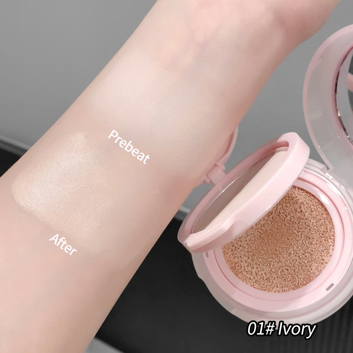 Cosmetic compact showing 'Prebeat' and 'After' swatches on skin with '01# Ivory' label.