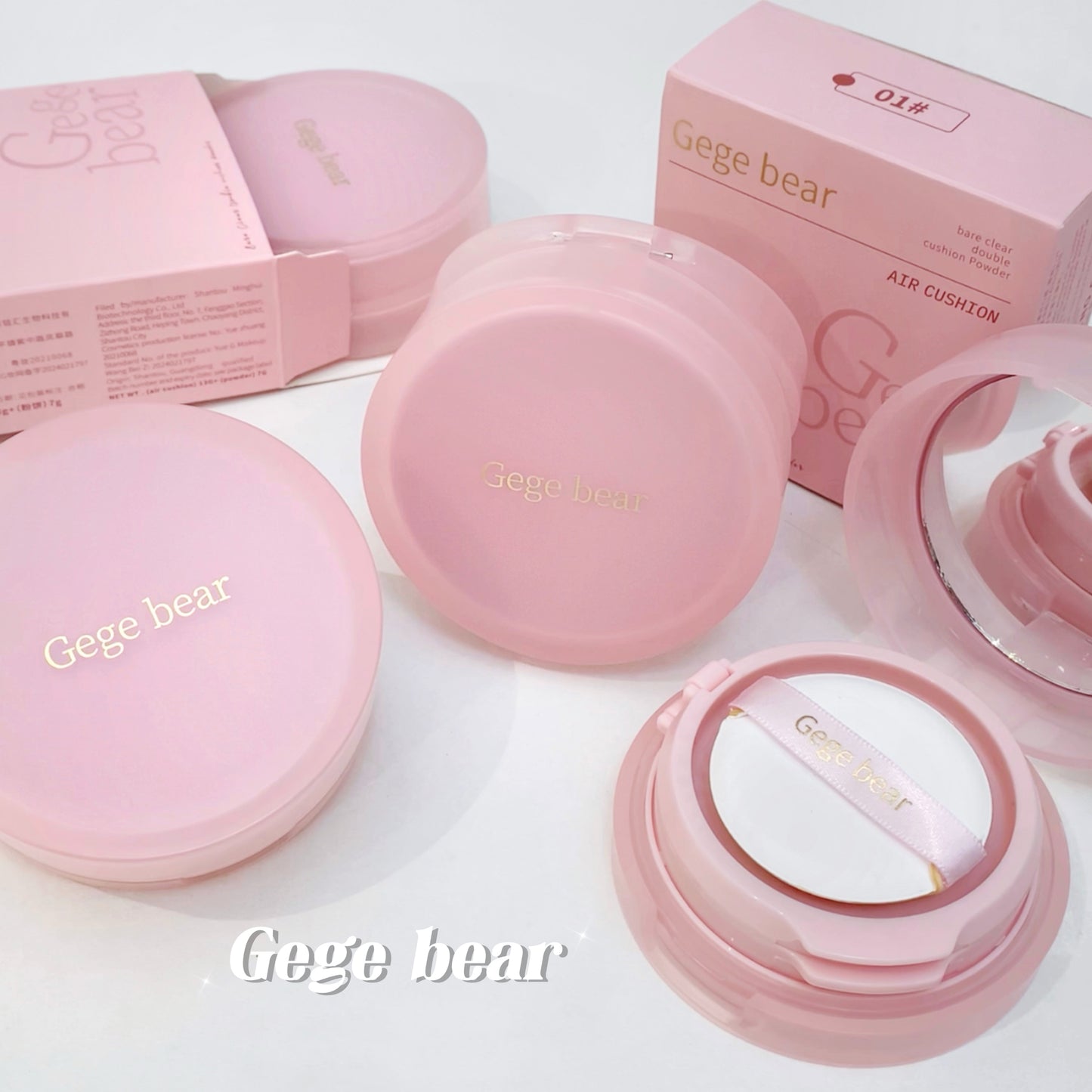 Pink Gege bear air cushion products on a white background