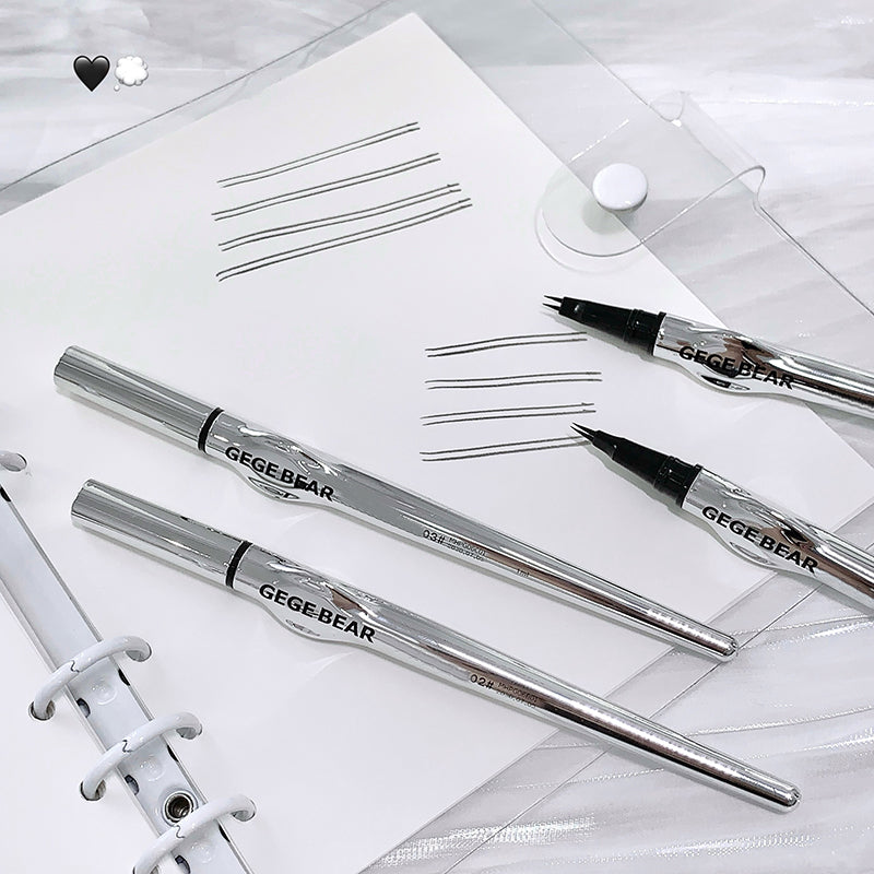 Eyebrow pencils with 'GEGE BEAR' branding on a white surface