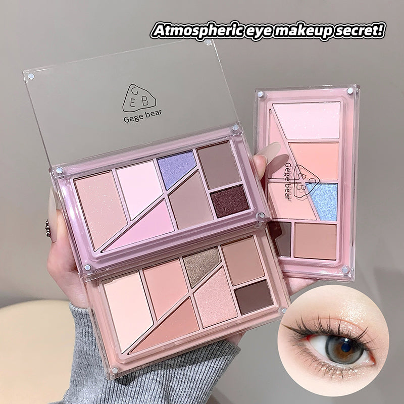 Makeup palette with 'Geege bear' branding, showing eye makeup application and close-up of an eye.