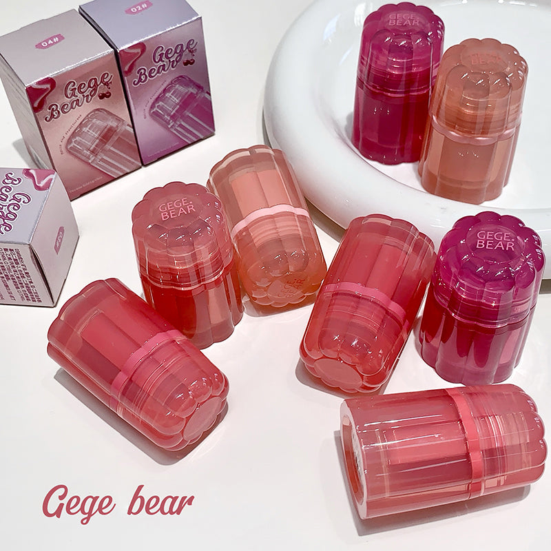 Pink and red containers with 'Gege Bear' branding on a white surface.