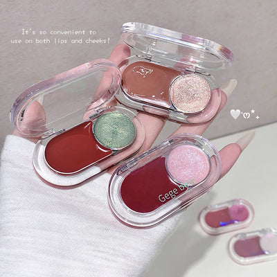 Hand holding three small makeup compact cases with colorful shades on a neutral background