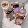Three open makeup compact cases with glittery shades held by a hand, with an inset of an eye wearing the makeup.