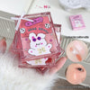 Pink cosmetic compact with cartoon bear design held by a hand, on a white background.