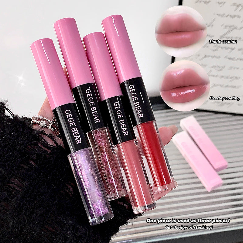 Three GEGBEAR lip glosses with close-up shots of lips wearing the product.