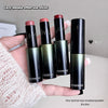 Hand holding four GEGBEAR lipsticks, eye shadows, and blushers with text overlay.