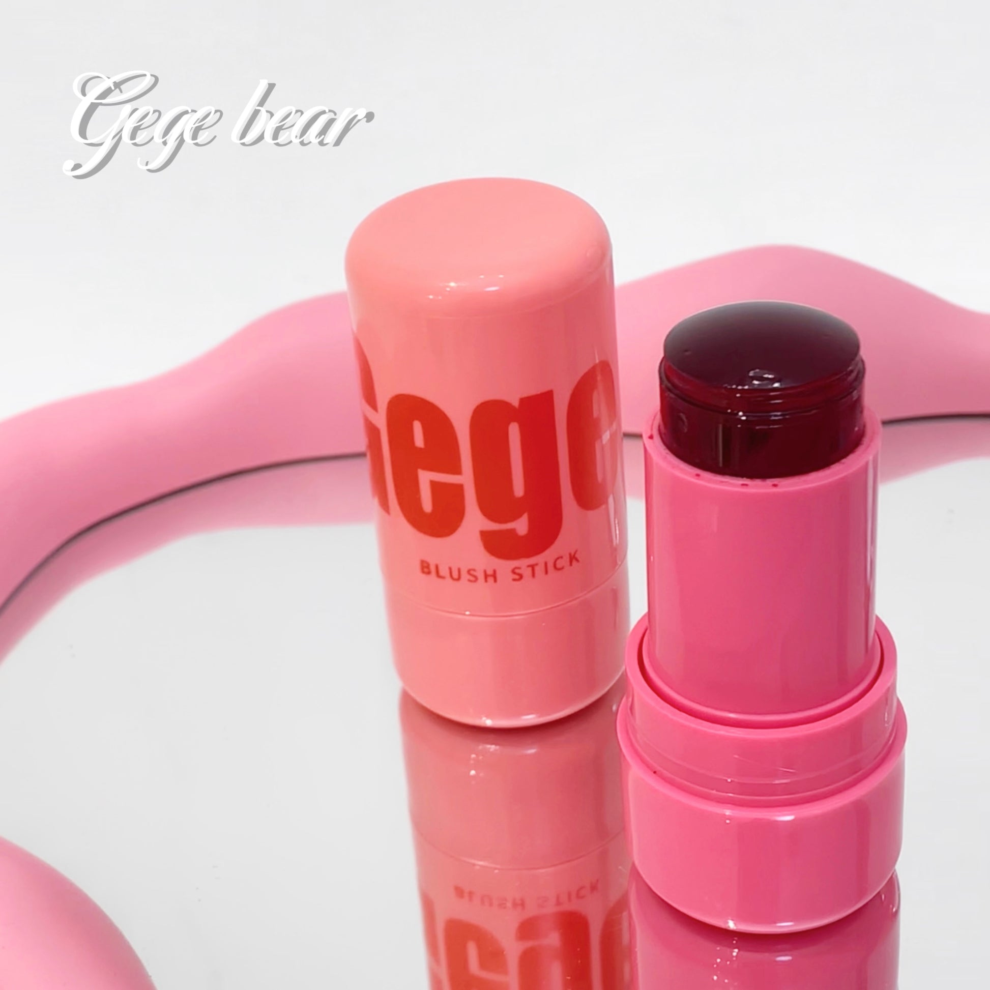 Pink blush stick with 'Gego' branding on a white background